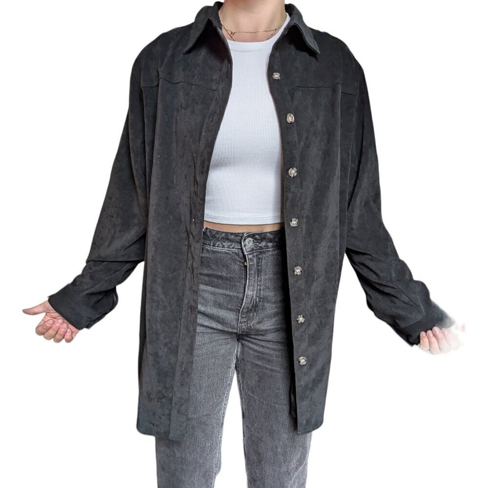 Outline Black Velvet Button Down Long Sleeve Shirt with  Brown Buttons Size 16W